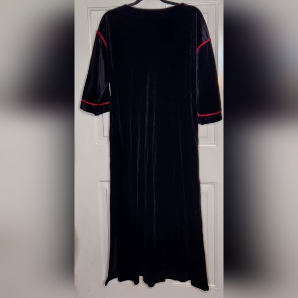 Vintage Black Velvet Dress with Red Accents w/ Side Split -22" pit to pit, 51" L - Picture 2 of 6